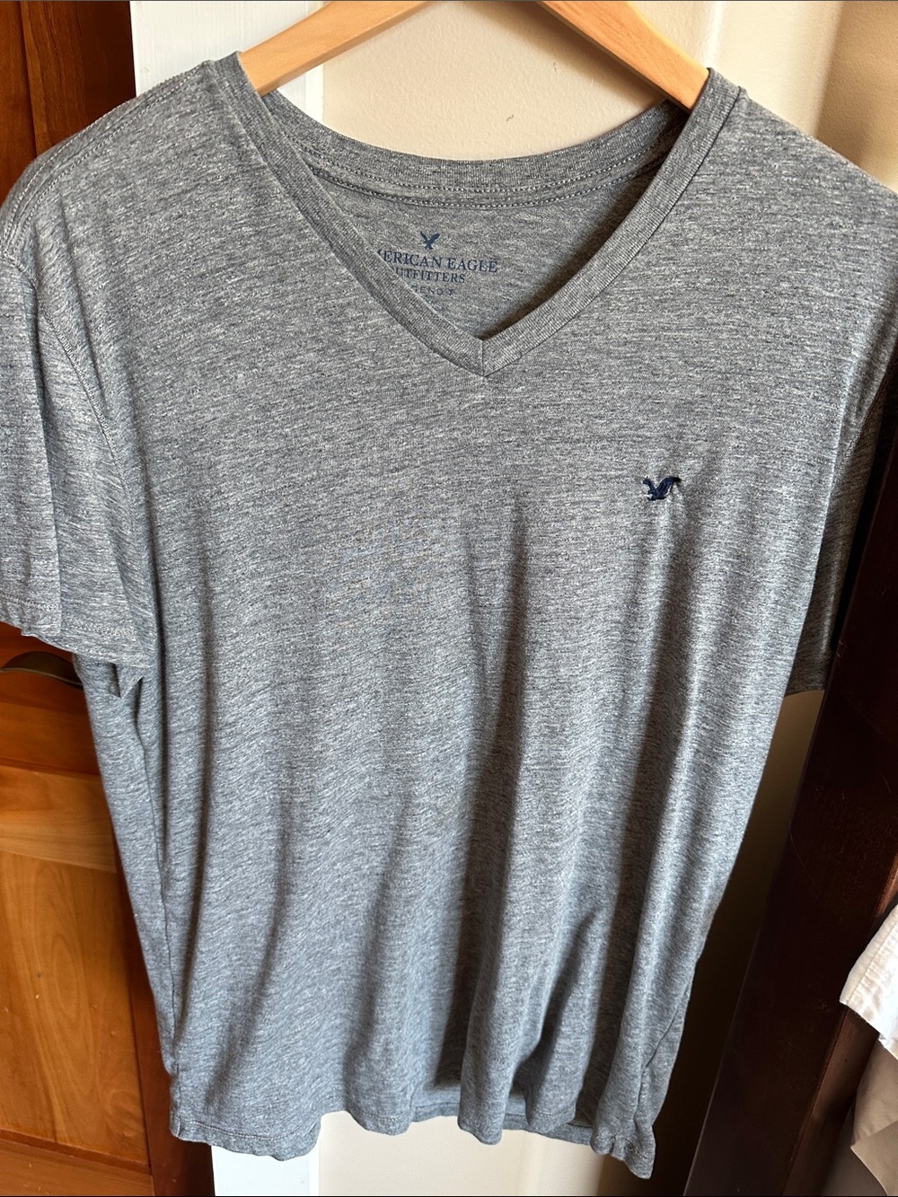 American Eagle Outfitters Gray V-Neck Tee with Navy Logo